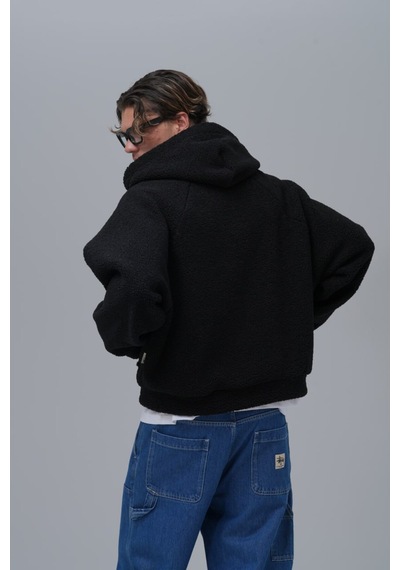 Düz Fermuarlı Cepli Kapüşonlu Unisex %100 Pamuk Sweatshirt Siyah
