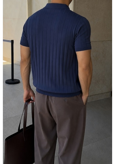 Tarz Cool Erkek Çizgili Triko Polo Yaka Tişört Slim Fit Premium Pamuklu Yazlık Polo Lacivert