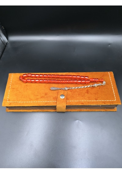 Osmanlı Benzetme Çubuk Sıkma Tesbih Mercan Kırmızısı, 9,5x9 Mm Gümüş