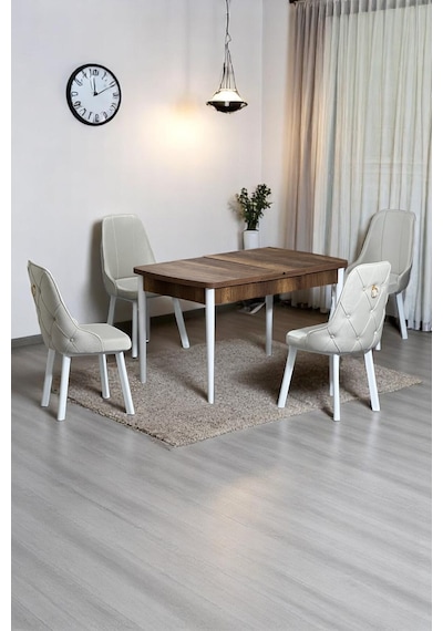 Monera Ceviz 80 x 132 Açılabilen Sunta Masa Metal Ayaklı Mutfak Masası Takımı 4 Krem Sandalye