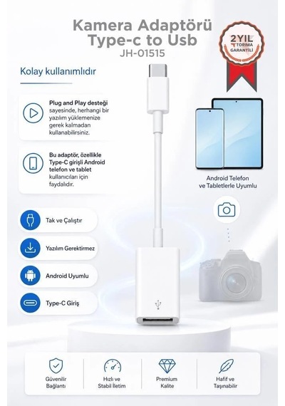 Delux Serisi Aktarım Kompakt Unisex Kamera Adaptörü Type-c To Usb Jh01515 Beyaz