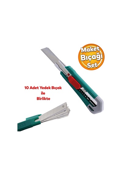 Maket Bıçağı Ergonomik Kaliteli Dayanıklı Çok Amaçlı Sağlam Bıçak 10 Yedek Bıçağı