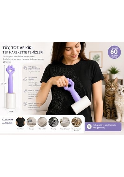 4 Lü Set Tüy Toplama Rulosu, 60 Yapraklı Güçlü Yapışkan Sticky Roller, Pati Tasarımlı Sap, Kedi Köpek Tüyü Temizleyici, Kıyafet Koltuk Halı Ve Araç İçi İçin 20 Cm