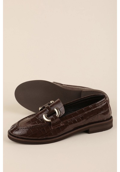 Gondol Kadın Hakiki Deri Tokalı Loafer Ayakkabı Crm.181 Kahve Croco