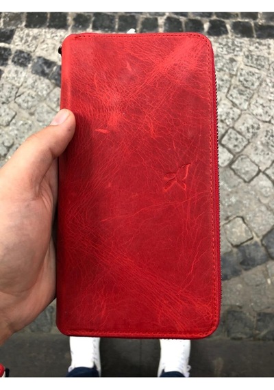 Karalı Deri Unisex Kırmızı  Hakiki Deri Telefon Bölmeli Kartlıklı Cüzdan El Portföyü Kırmızı