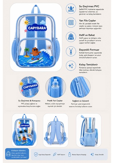 Capybara Lisanslı Şeffaf Çocuk Çantası - Hafif Ve Dayanıklı Şeffaf Sırt MAvi