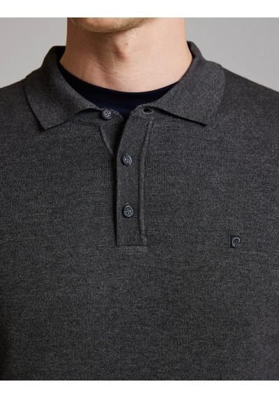 Pierre Cardin Antrasit Melanj Slim Fit Düğmeli Polo Yaka Basic Triko Kazak 50333894-vr081