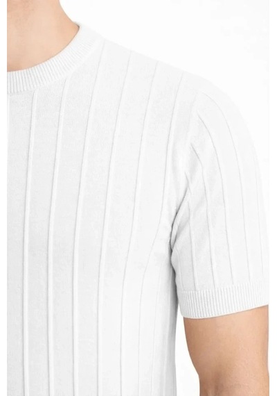 Vexor Erkek Yazlık Fitilli Triko Tişört Kısa Kol Bisiklet Yaka T-shirt - Beyaz