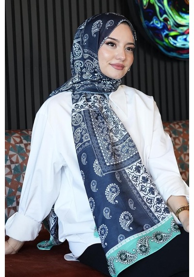 Paisley Desen Lacivert Soft Pamuk Şal Lacivert Çok Renkli