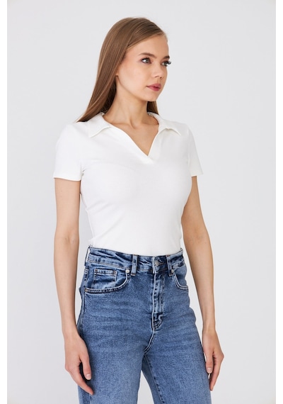 Hdm Kadın Ekru Polo Yaka Fitilli Günlük Bluz - H6038