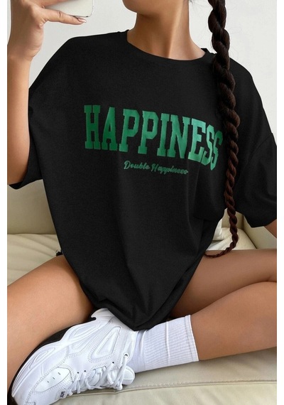 Startmore Kadın Oversize Hapiness Baskılı Siyah Siyah