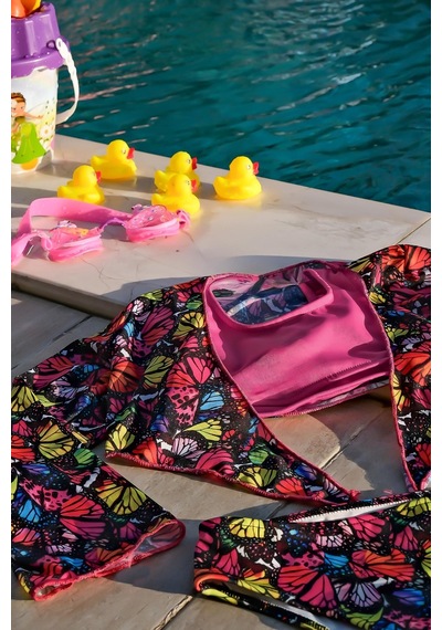 Mayom Kız Çocuk Kelebek Desenli Pareolu Bikini Takımı 3'lü Set-siyah-pembe Siyah - Pembe Mayom Kız Çocuk Kelebek Desenli Pareolu Bikini Takımı 3'lü Set-siyah-pembe Siyah - Pembe