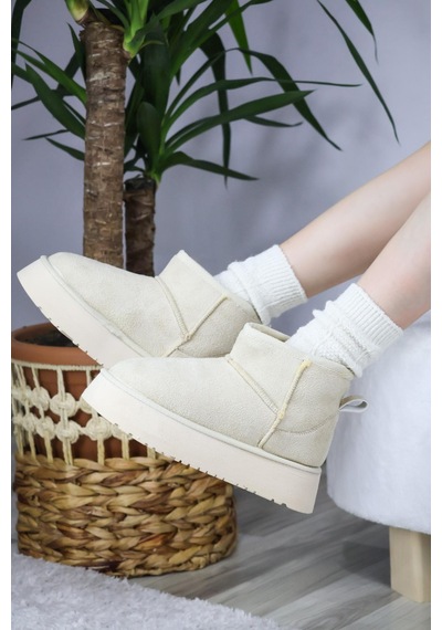 Asmi Shoes Kadın Pavro Süet İçi Kürklü Kalın Taban 4.5 Cm Mini Kısa Bot Krem Krem