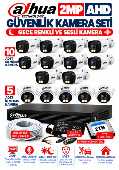 15'li 2mp Ahd Full Color Renkli Gece Görüş Sesli Kamera Seti 10 Dış - 5 İç Kamera