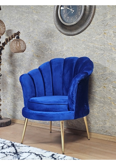 Zafir Tekli İstiridye Gold Kaplama Sivriltme Ayak Çay Seti Koltuk Tekli Berjer , Balkon, Salon, Ofis Mavi