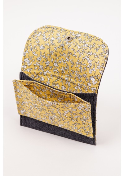 Fabric Craft Bag Kadın Cüzdan Denim Detaylı Çiçek Desenli Çıtçıtlı 15x12 Cm Gri