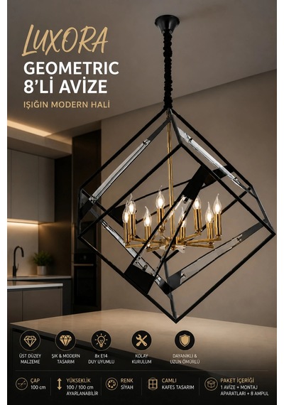 Modern Premium Siyah Metal Kafes Sarkıt Avizesi 8 Ampül Hediyeli X E14 Duy Salon Mutfak Modelleri