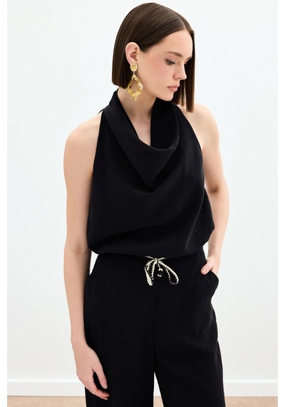 Sateen Degaje Yaka Bluz - Siyah-136153 Siyah