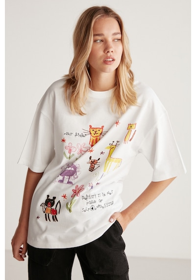 Grımelange Mıllıe Kadın %100 Organik Pamuklu Oversize Kalıp Bol Kesim Baskı Ve Nakış Detaylı Beyaz T-shirt
