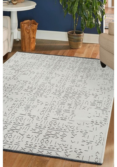 Modern Desenli Dekoratif Yıkanabilir Şönil Dokuma Saçaklı Kaymaz Taban Salon Mutfak Halı Kilim Krem