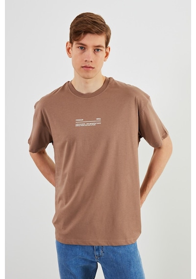 Leo Erkek Oversize Tshirt %100 Pamuk Bisiklet Yaka Baskı Detaylı Basic Tişört Vizon