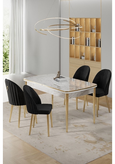 Canisa Rada Serisi 80x132 Açılabilir Lak Panel Beyaz Mermer Desen Masa 4 Siyah Sandalye Gold Detay Masa Beyaz Mermer Desenli Sandalyeler Siyah Canisa Rada Serisi 80x132 Açılabilir Lak Panel Beyaz Mermer Desen Masa 4 Siyah Sandalye Gold Detay Masa Beyaz Mermer Desenli Sandalyeler Siyah