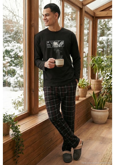 Buratti Ekoseli Pamuklu Regular Fit Yüksek Bel Bisiklet Yaka Erkek Pijama Takımı 6574000 Siyah