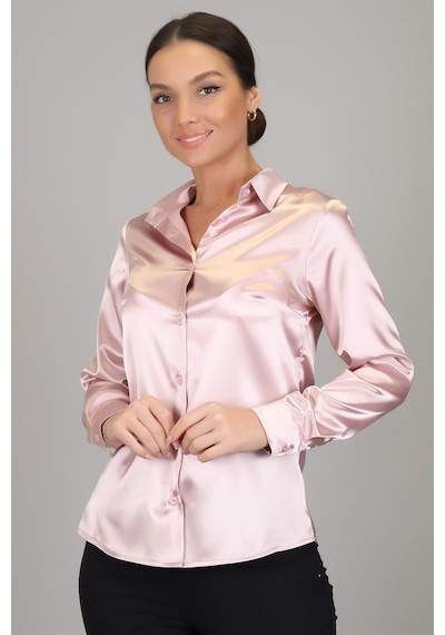 Sweetness Kadın Pudra Pembe Likralı Saten Uzun Kol Abiye Gömlek Pudra