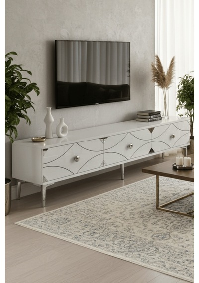 Tsa1897bs - Alfa Tsa180 Tv Stand, Tv Sehpası Ve Tv Ünitesi Beyaz - Sılver 180cm