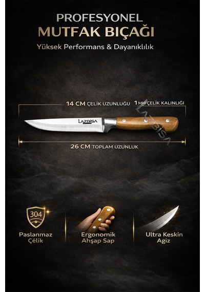 Lazbisa Mtf-003 Hand Craft Mutfak Bıçak Seti Et Ekmek Sebze Meyve Bıçağı 3 Lü Set Günlük Kullanım