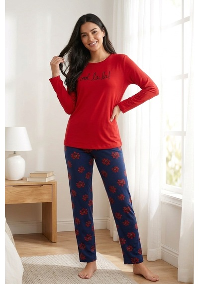 Aura Collections Kadın Desenli Bambu Viskon Uzun Kollu Soft Örme Mevsimlik Pijama Takımı Kırmızı