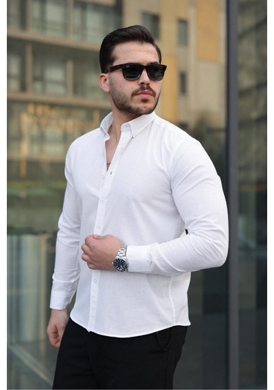 Baselco Premum Dik Yakalı Slim Fit Keten Görünümlü Gömlek Beyaz