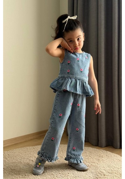 Boyboy Kidswear Kız Çocuk Çiçek Nakışlı Denim Bluz Ve Pantolon Takım Mavi Kot Mavisi Boyboy Kidswear Kız Çocuk Çiçek Nakışlı Denim Bluz Ve Pantolon Takım Mavi Kot Mavisi