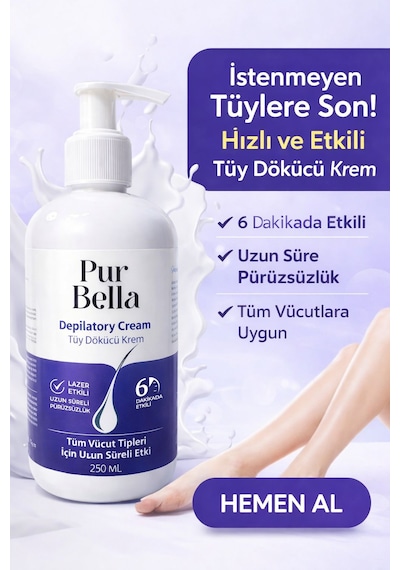 Pur Bella Tüy Dökücü Krem 6 Dakikada Etkili Aloe Vera & E Vitaminli Tüm Cilt Tipleri