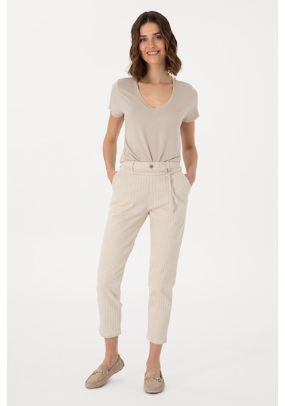 U.S. Polo Assn. Kadın Ekru Çizgili Keten Karışımlı Carrot Fit Jean Pantolon 50300954-VR019