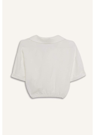 Defacto Cropped Fit Gömlek Yaka Keten Görünümlü Kısa Kollu Bluz C7799ax25spwt32 Beyaz