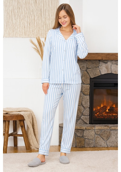 Remsa Kadın Çizgili Desen Suprem Pijama Takımı 0492 Mavi01 Mavi01