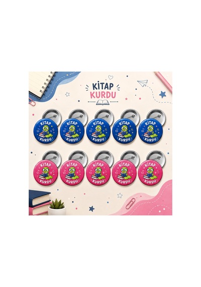 Kitap Kurdu 58 Mm Buton Rozet 10 Adet - Öğrenci Başarı Rozeti - Okul Öncesi, Anaokulu Ve İlkokul Motivasyon Rozeti Çok Renkli