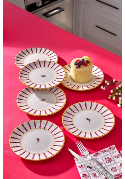 6lı Pasta Servis Tabağı Seti - Kuş Desenli Çizgili Kek Tatlı Kurabiye Davet Sunum Tabak Takımı -17cm Beyaz - Pembe