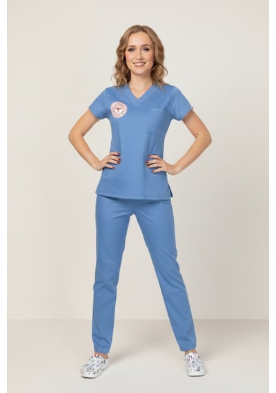 Unisex Alaska Mavisi Doktor Hekim Scrubs Takım Sağlık Bakanlığı Yeni Yönetmeliğe Uygun Mavi Açık