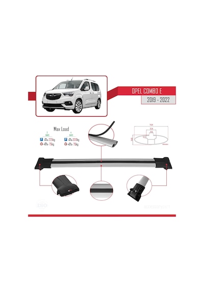 Opel Combo E 2019-2022 Arası İle Uyumlu Fly Model Ara Atkı Tavan Barı Gri 3 Adet Bar