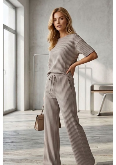 Fit Women Fitilli Kısa Kollu Takım 4457 Gri