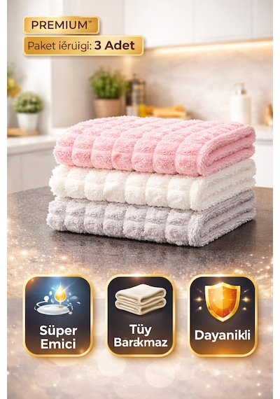 3 Adet Premium Kalite Puf Dokulu 30 30 Cm Genel Temizlik Mutfak Banyo Cam Bezi Diğer