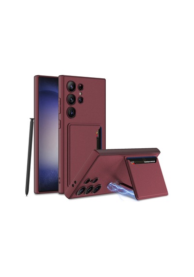 Galaxy Uyumlu S24 Ultra Suni Deri Arka Yüzey Pazarplus Kartlıklı Kıpta Silikon Kılıf Mürdüm