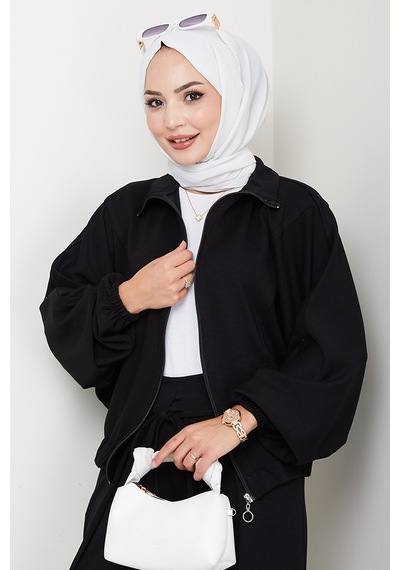Bestenur Fermuarlı Oversize Takım 1595 - Siyah Siyah