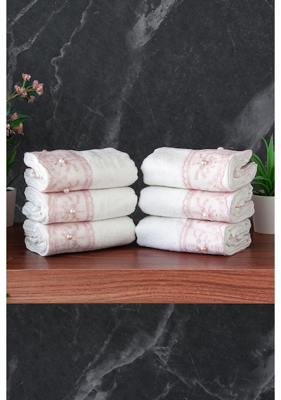 % 100 Pamuklu Kadife Güpürlü İnci Işlemeli 6 Lı Çeyizlik El Yüz Havlu Seti - 30x50 Cm - 04466 - Pembe Pembe