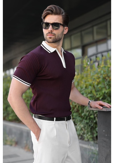 Madmext Mürdüm Yarım Fermuarlı Polo Yaka Triko Erkek Tişört E7501