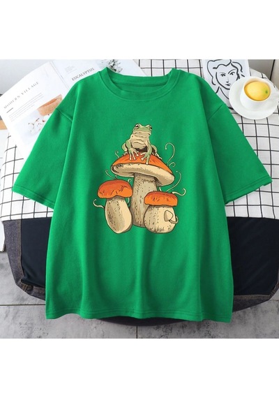 Flood Of Style Erkek Yeşil Mantar Baskılı Oversize Bisiklet Yaka Tshirt