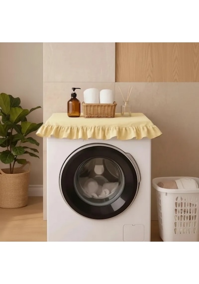 Fırfırlı Çamaşır Makinesi Örtüsü - Çeyizlik Dekoratif Banyo Makine Kılıfı- Sarı