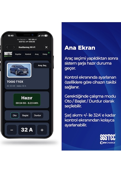 SGSTEC Home 22 KW 10Metre Kablolu Elektrikli Araç Şarj Cihazı